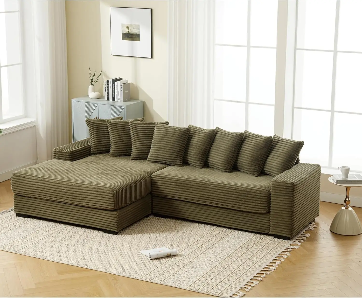 L Shaped Modular Cloud Couch with 8 Pillows, Corduroy Fabric Sectional Couch with Large Chaise for Living Room, Customized