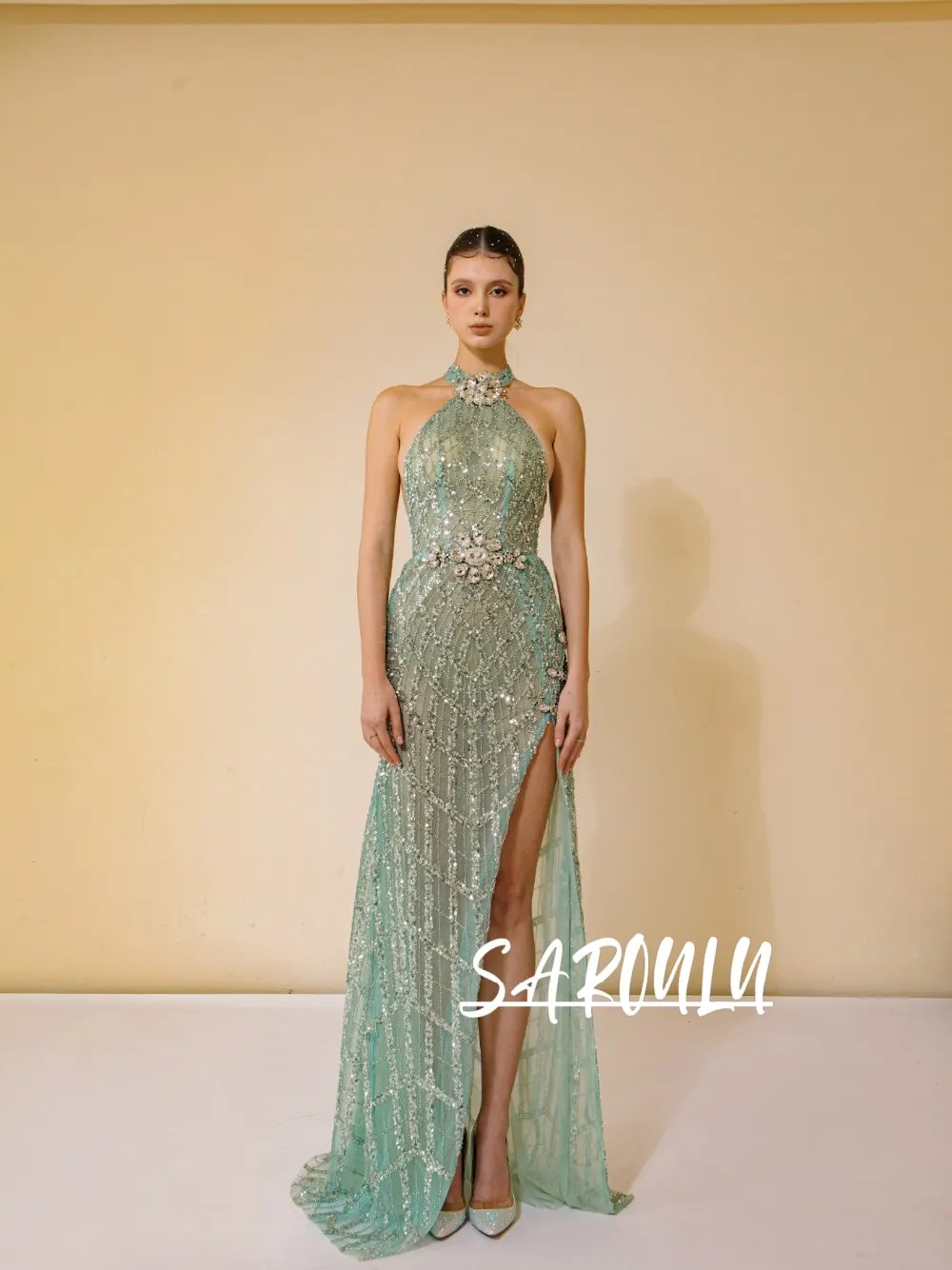

Shimmering Halter Mermaid Evening Dress Dainty Rhinestones Customized Formal Galas Wear Customized Sexy High Slit Prom Gown
