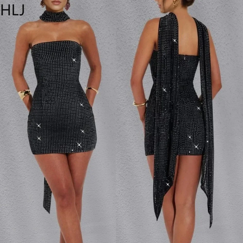 

HLJ Sexy Luxury Rhinestones Bodycon Evening Party Mini Dresses Women Strapless Backless Ribbon Slim Vestidos Fashion Clothing