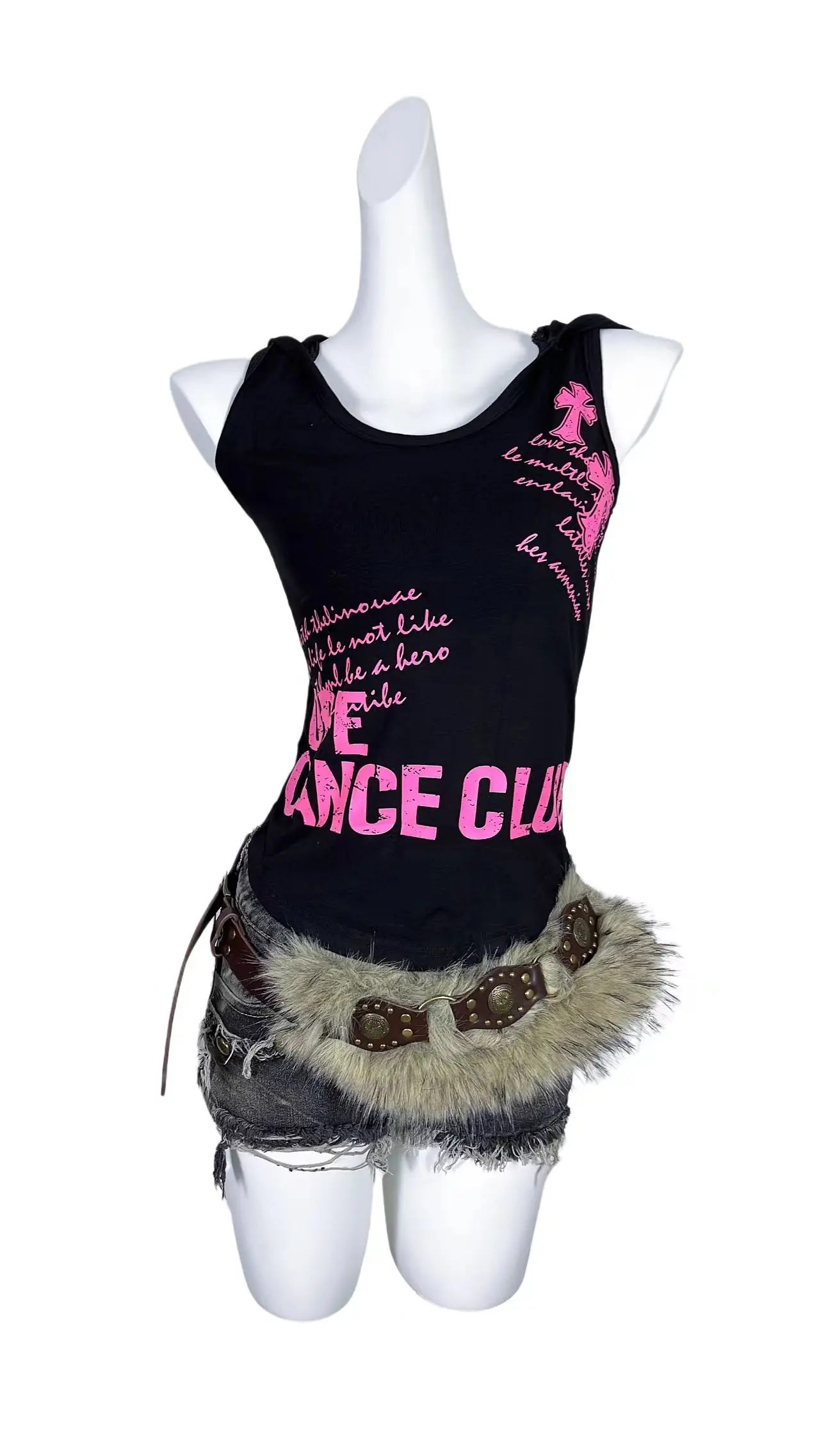 

Harajuku Hottie Tees American Retro Subculture Skull Print T-shirt Fashion Goth Sleeveless Hooded Vest Women Street Hip Hop Tops