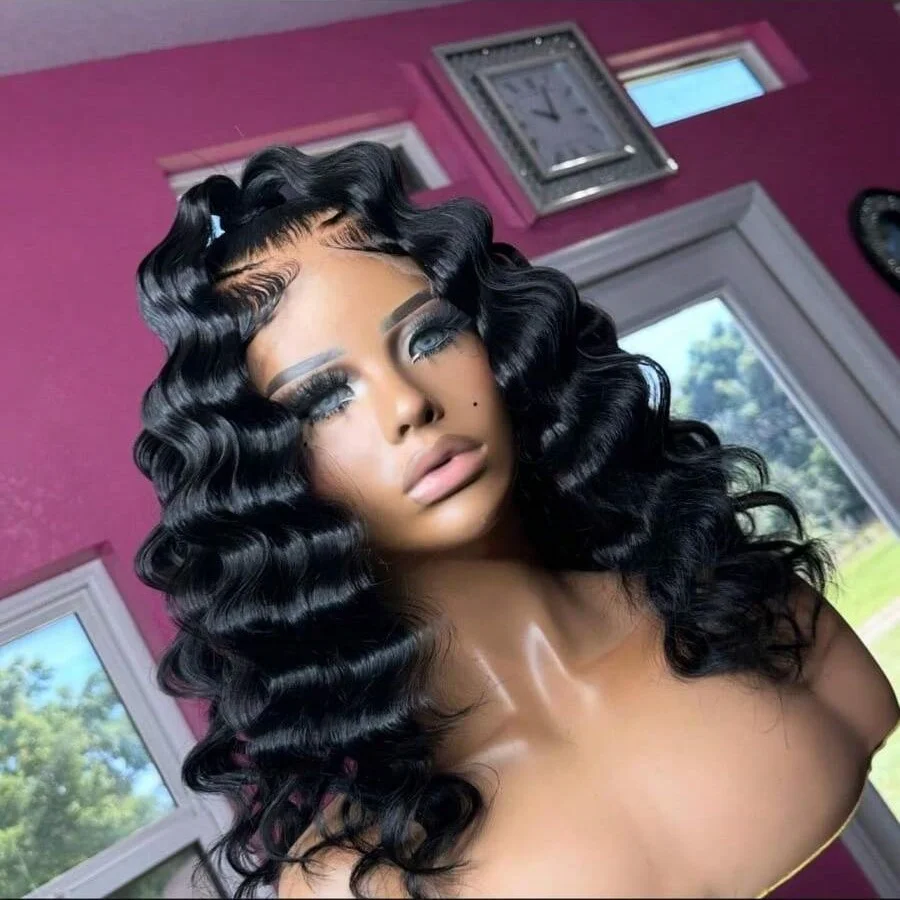 200% Peluca Bob de onda profunda corta de 14 pulgadas cabello humano prearrancado con pelo de bebé pelucas frontales de encaje 13X4 pelucas de encaje transparente HD