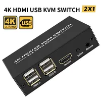 HDMI KVM Switch 2x1 4K HDMI USB Switch Selector 2 in 1 out with 4 Port USB Hub Desktop Controller Sharing Monitor Mouse Keyboard