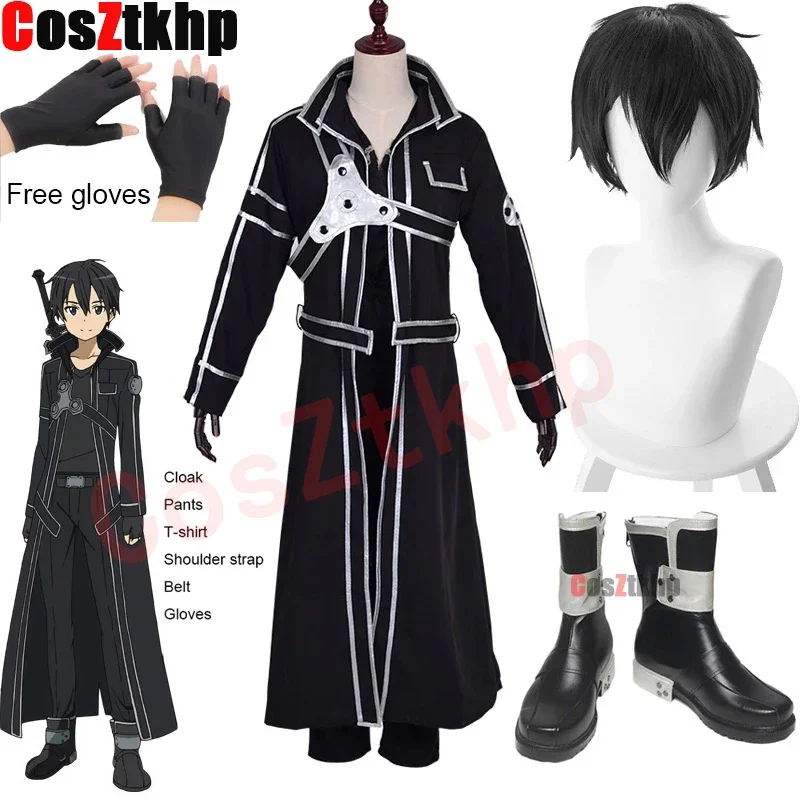 2024 New Anime Kirigaya Kazuto Cosplay Costumes Sword Art Online Kirito Shoes Alicization Wigs Boots Uniform Set Adult Unisex