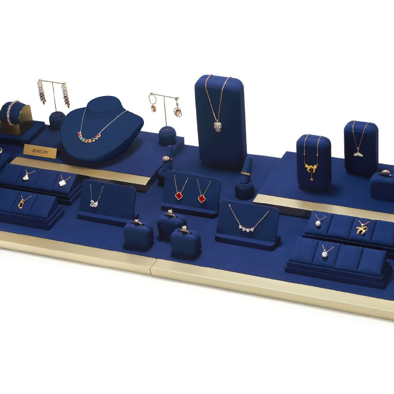 

Luxury Blue microfiber jewelry display stand Set Combination Sample Exhibition Display Props earring necklace organizer rack