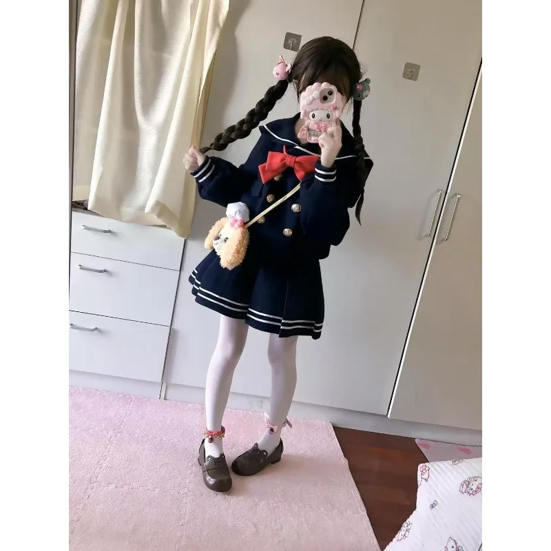 Japanse preppy stijl kawaii dames tweedelige set chique strik marine kraag tops + hoge taille minirok zoete vrouw outfits 2025