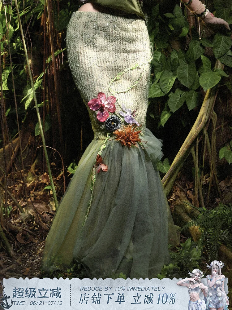 

Blood for ◆ Forest Spirit Elf Wind Forest Sparkling Flower Mesh Fishtail Dress Lolita Half Skirt Spring