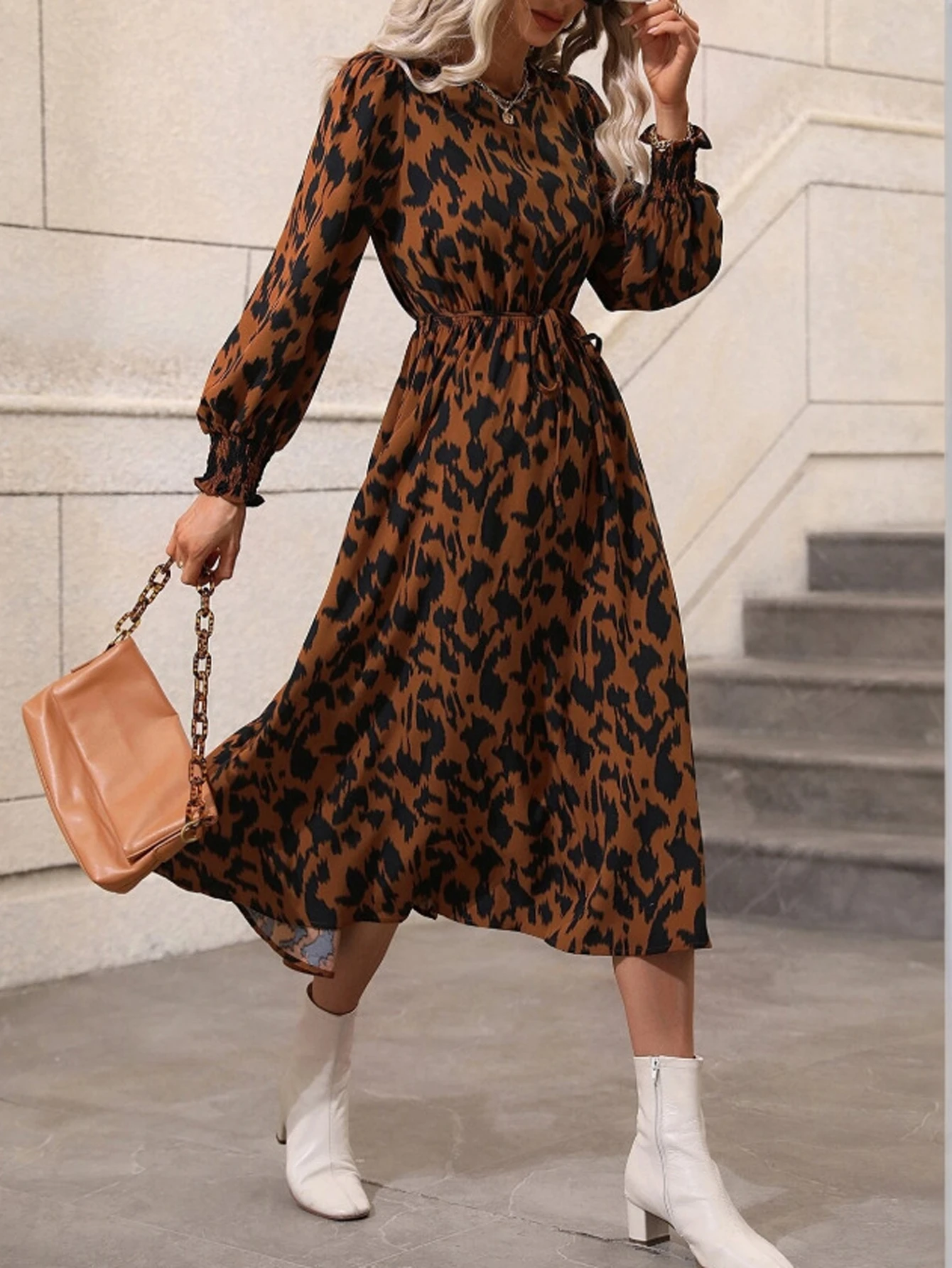 Feminino retro vintage tie dye rendas manga longa tripulação pescoço cintura alta a linha midi vestido outono férias vestido