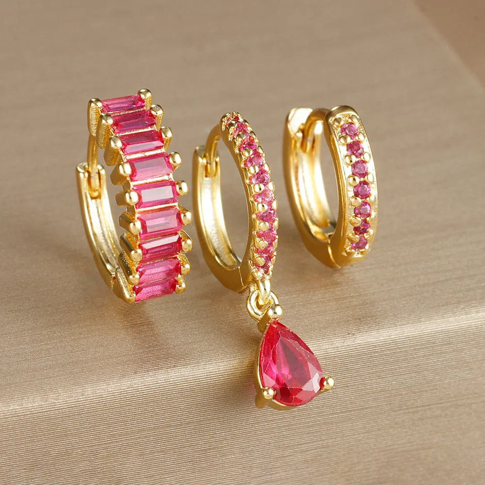 

3PCS Luxury Stainless Steel Multicolor Zircon Earring Sets for Women Fashion Geometric Pendant Hoop Earring Piercing Jewelry