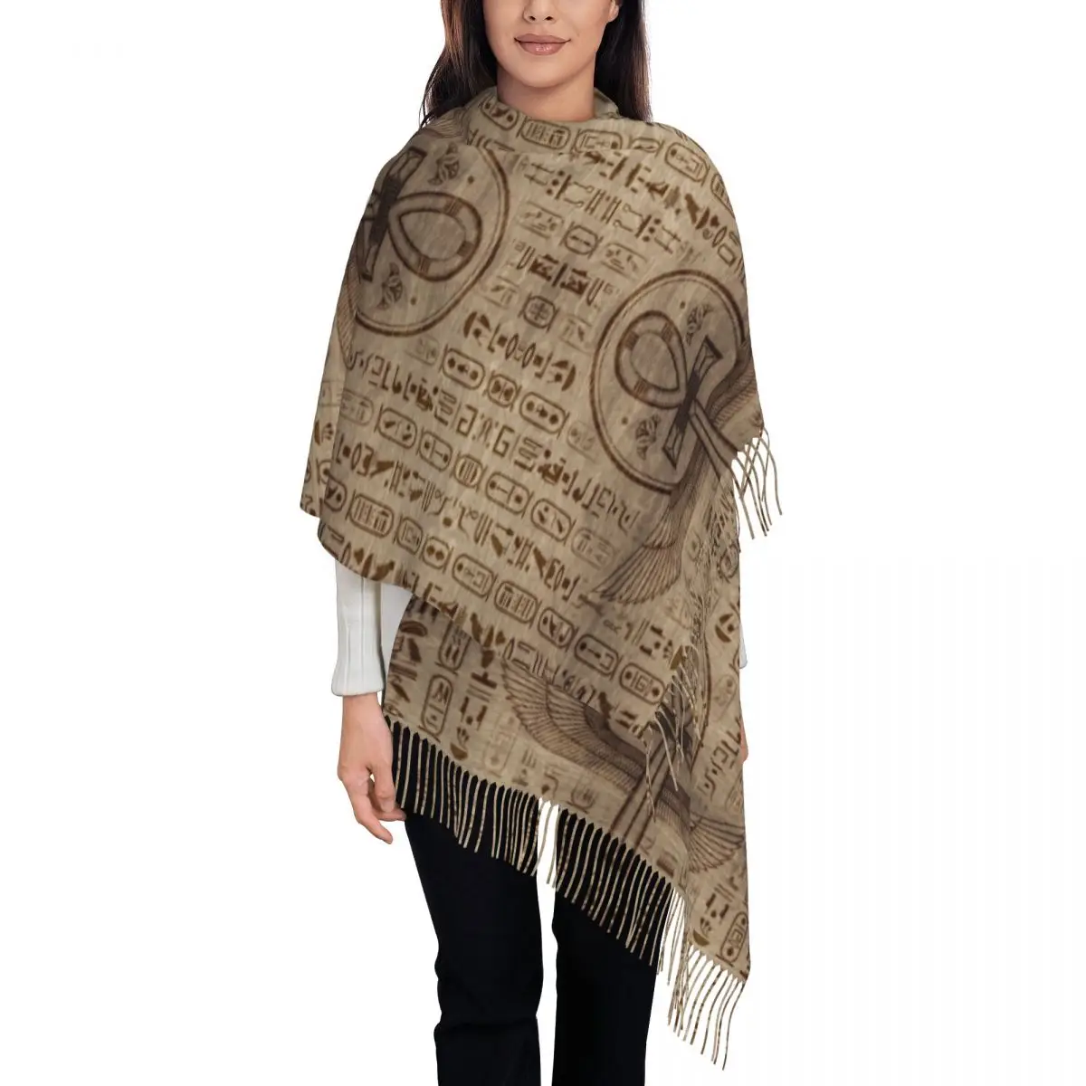 

Женские длинные шарфы с египетским крестом Анк, женские зимне-осенние толстые теплые шаль с кисточками, шарф с иероглифом Древнего Египта