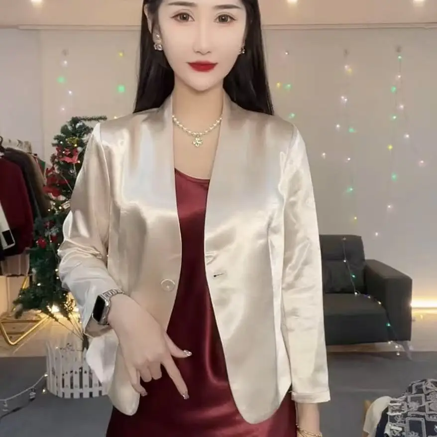 

Ele Satin Fini Suit Casual Faionable Sun Protection Small Size New Sle V-Ne Long Sve Women's Busin Wear