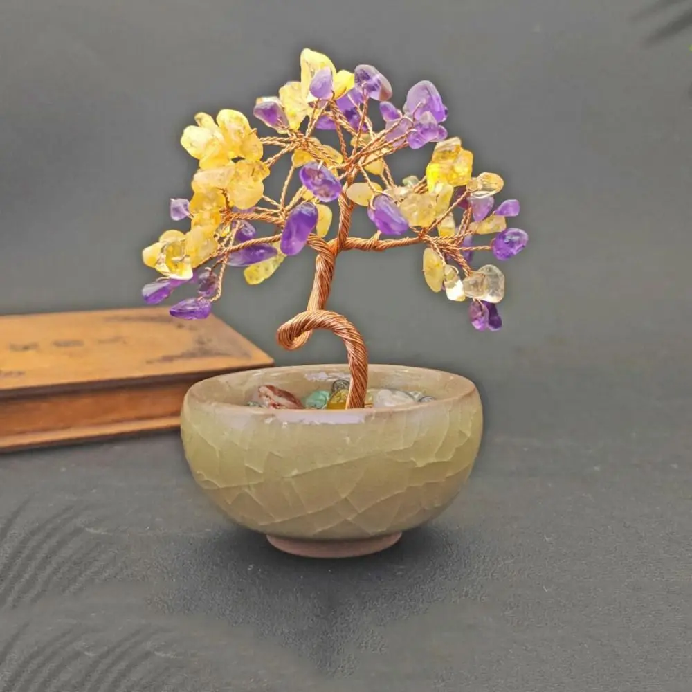 Ceramics Base Natural Crystal Tree Positive Energy Copper Wire Gemstone Tree Tabletop Adornment Spiritual