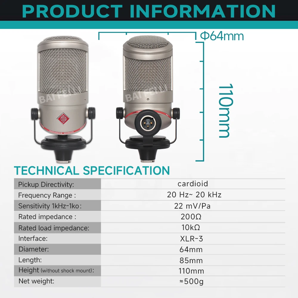 BAIFEILI BCM104 Professional Desktop Studio Condenser Microphone XLR Premium Shock Mount Design for High-Fidelity Recording