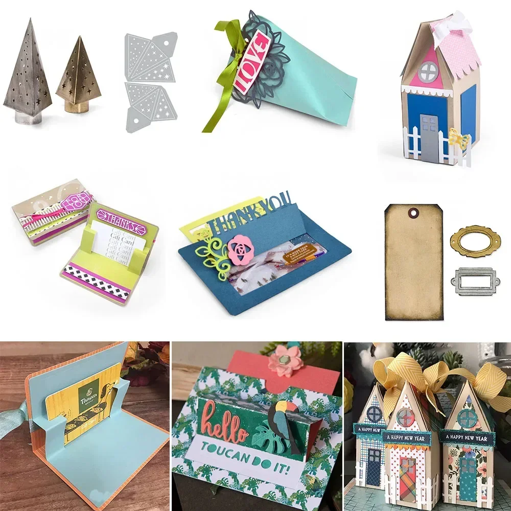 Faltbare Geschenkbox mit Baumlichtern, Metall-Stanzformen-Set, Geschenkkartenhalter, Pop-Up-Stanzform für DIY-Scrapbooking, Kartenherstellung