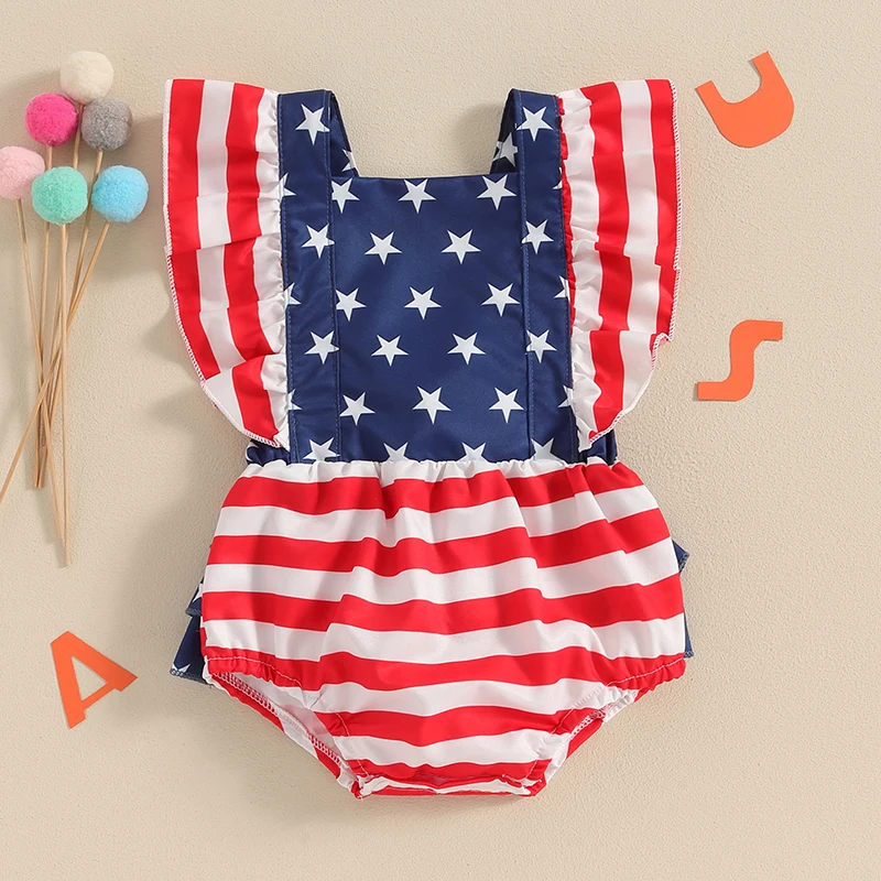 

Independence Day Baby Girls Romper Stripe Stars Print Ruffles Fly Sleeve Infant Jumpsuit Summer Jumpsuits 4th of July Baby Girls