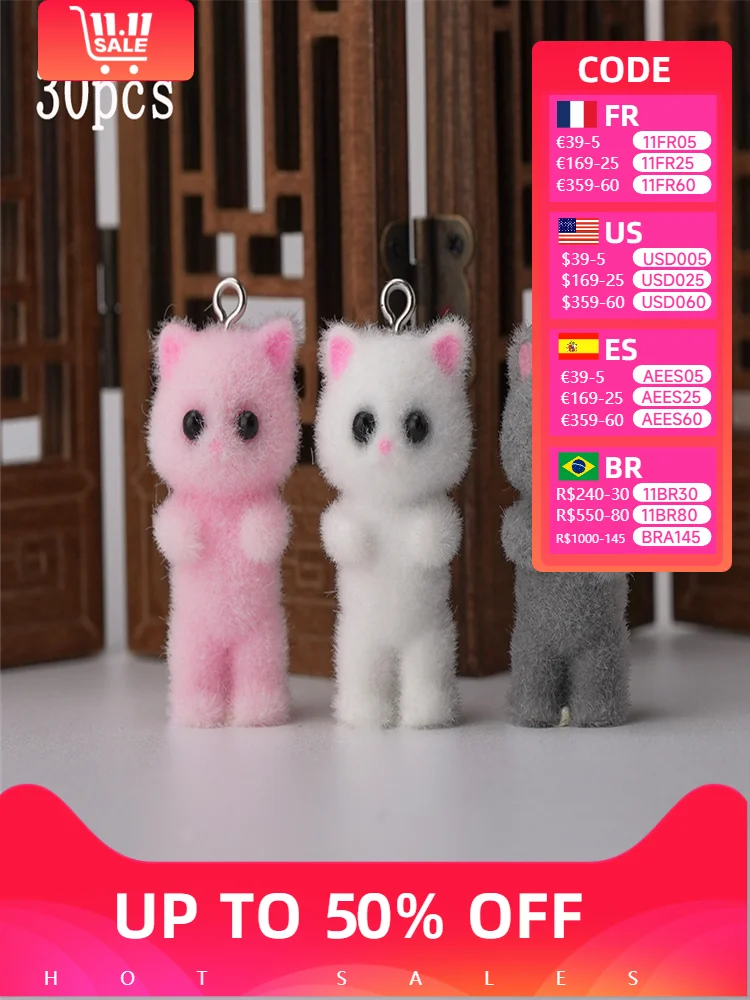 30pcs Kawaii Flocking Doll Charms Fluffy Resin Animal Cat Pendant for make Keychain Necklace DIY Crafts Jewelry Make Accessories