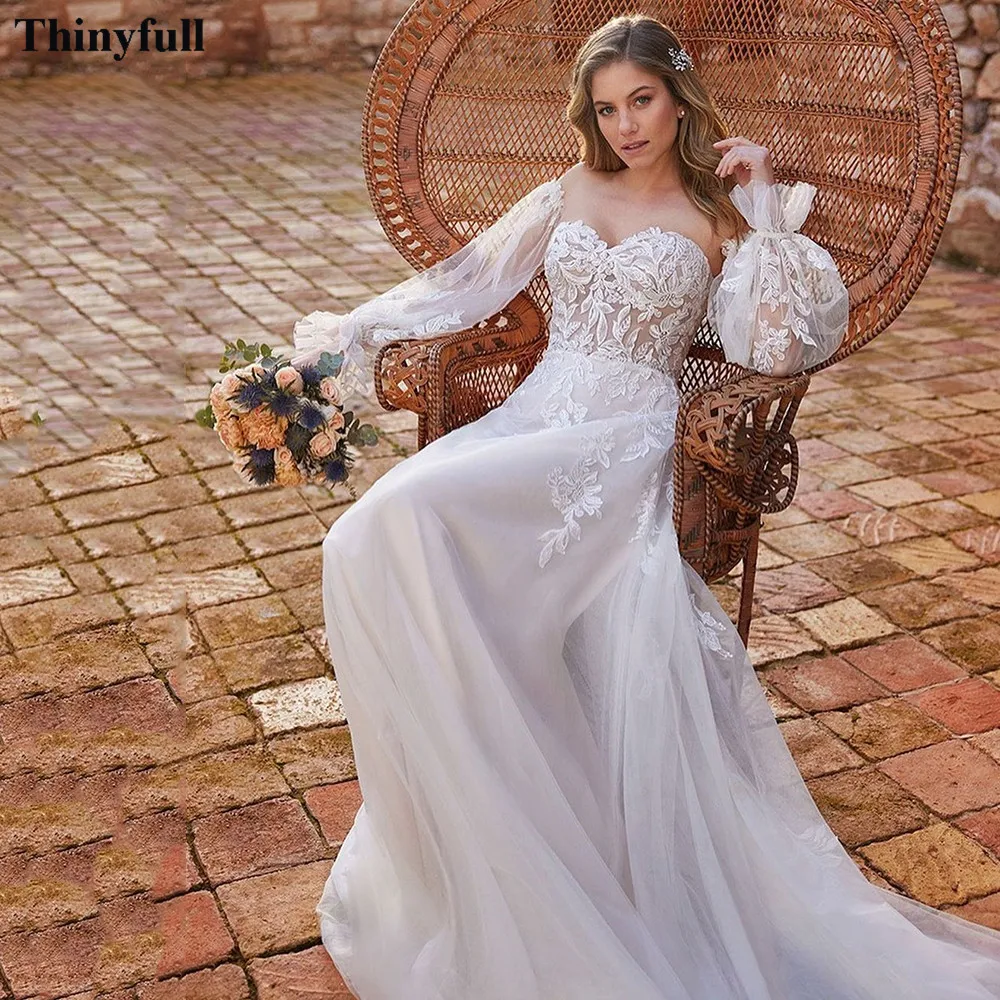 

Thinyfull Beach Appliques Lace Wedding Dresses Removable Long Puff Sleeves Bridal Gowns Buttons Wedding Party Gowns Mariee 2022