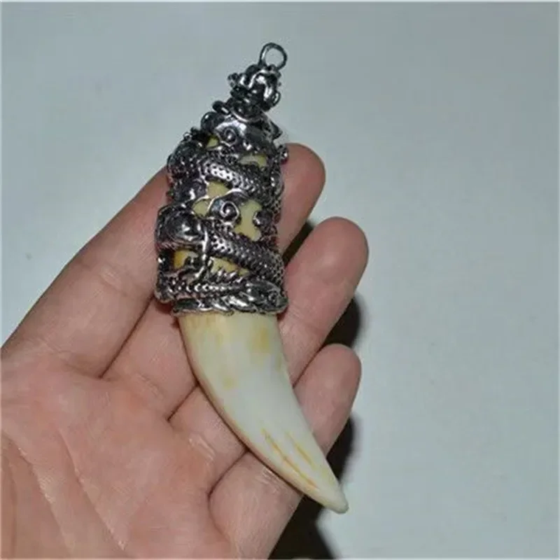 

Jia Le/ Hand-made/Tibetan Silver Dragon Set Inlaid Imitation Big Cat Tooth Pig Tooth Pendant Necklace Fine Jewelry Couple Gift