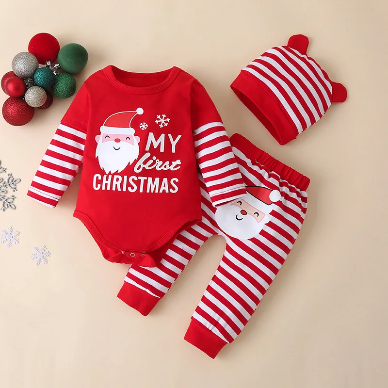 

Newborn Christmas Crawling Clothes Baby Striped Warm Bodysuit Children's Spring Autumn Costume Girls Boys Hat Romper Pants 3Pcs