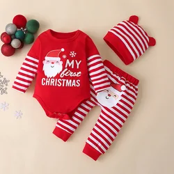 Newborn Christmas Crawling Clothes Baby Striped Warm Bodysuit Children's Spring Autumn Costume Girls Boys Hat Romper Pants 3Pcs