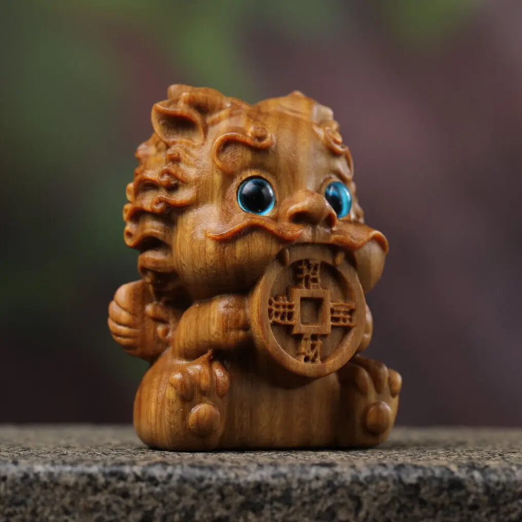Green Sandalwood Copper Cash Small Green Dragon Statues Decoration Chinese Carve