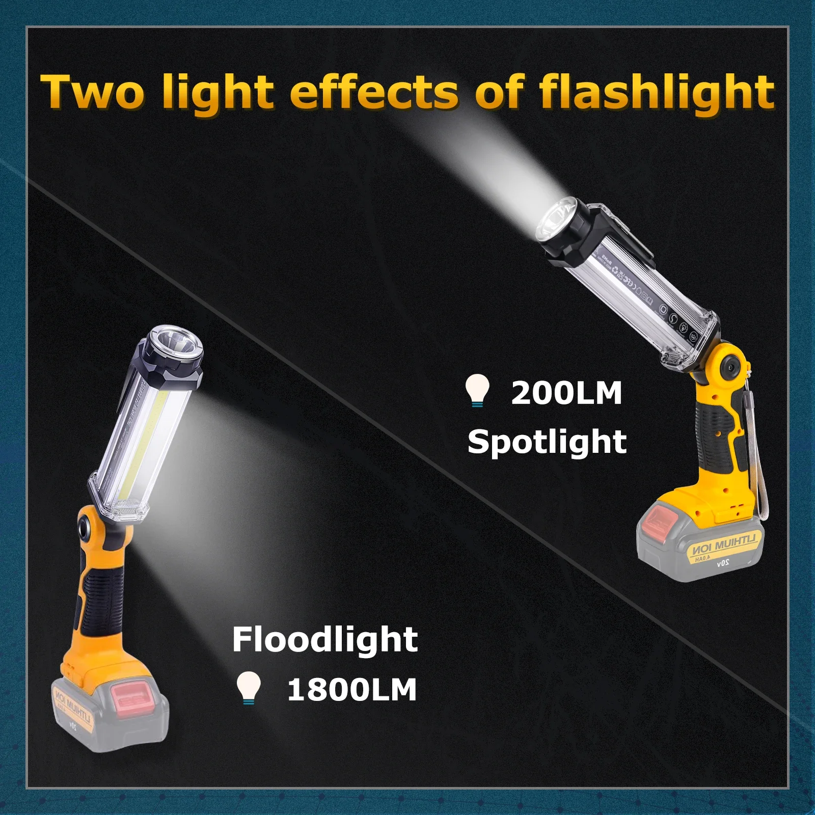 2000LM Cordless LED Work Light Portable Outdoor Flashlight Camping Lanterns for Dewalt 20V Li-ion Battery (No Battery)