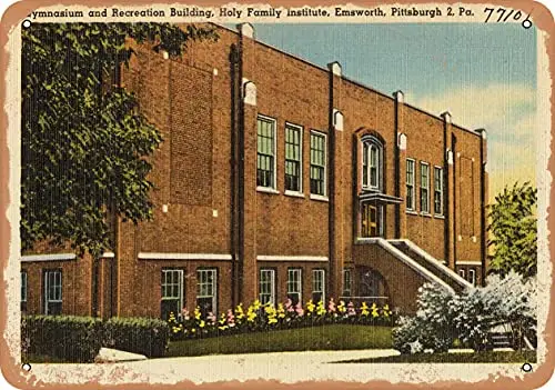 Metal Sign Pennsylvania Postcard - Gymnasium and Recreation Building, Holy Family Institute, Emsworth, Pi - Vintage Rusty Look