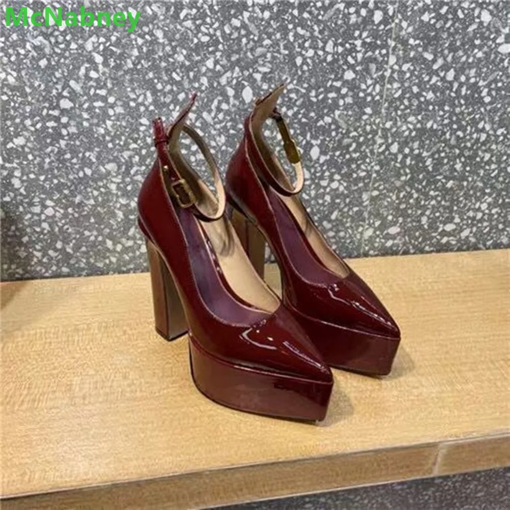 Platform Square Heel Pointed Toe Pumps For Female Women Ankle Buckle Design Solid Shallow Luxury Designer Fashion Elegant Shoes