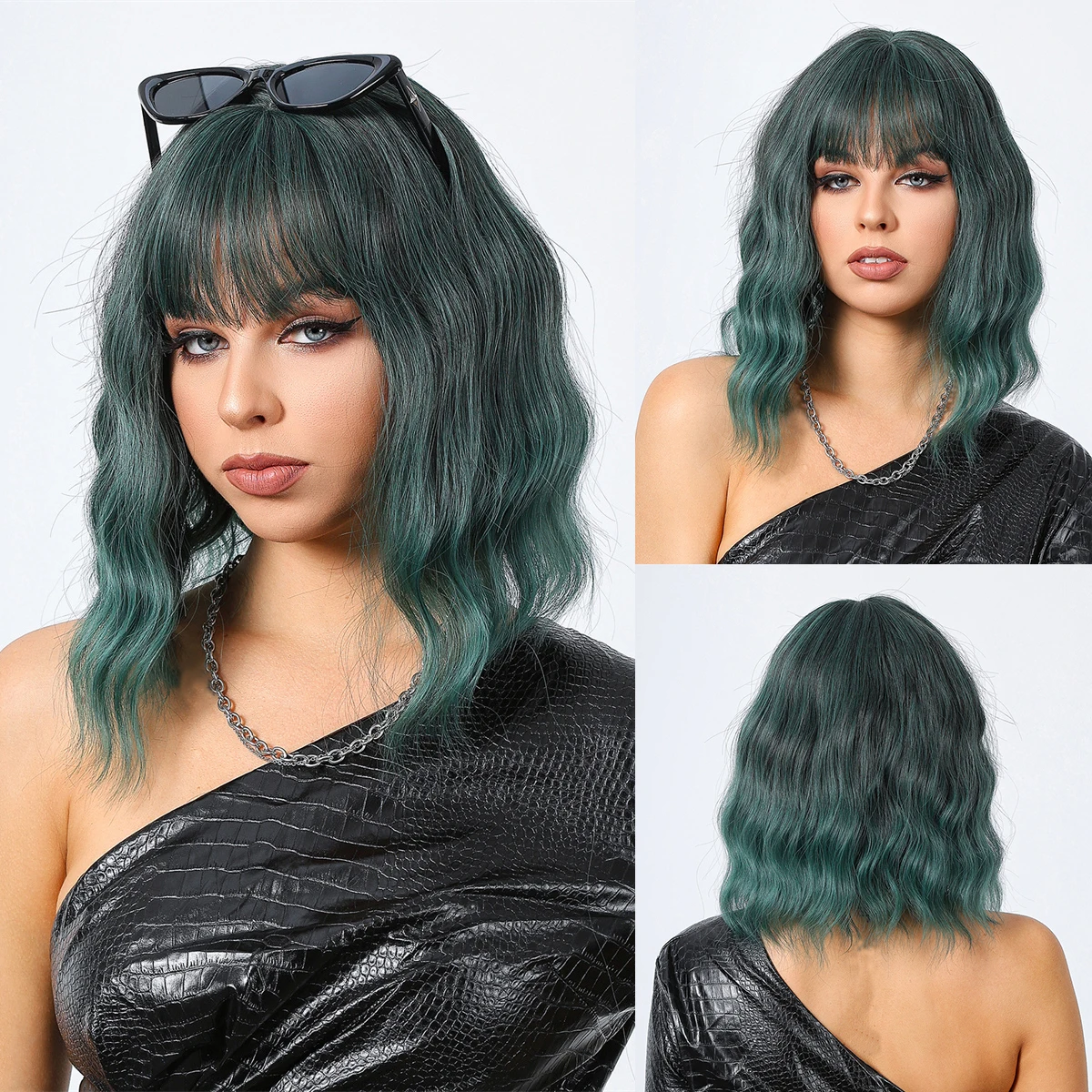 Blackish Green Ombre Synthetic Wigs Short Wavy Bob Wig with Bangs for Women Colorful Cosplay Party Natural Hair Heat Resistant