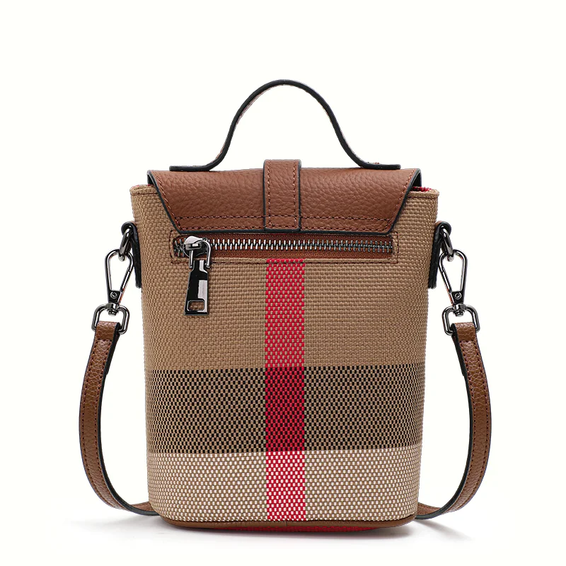 Mobile phone bag, crossbody women\'s bag, 2025 new canvas with leather mini bag, high-end foreign style checked bag