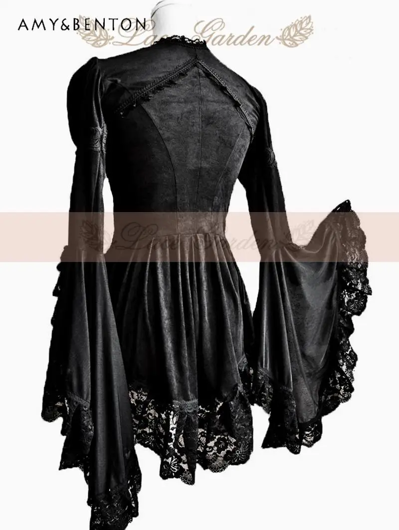 Lace Garde Dark Gothic Black Slim-Fit Top Women Elegant Court Style Temperament Heavy Industry Lace Horn Long Sleeve Jacket Y2K