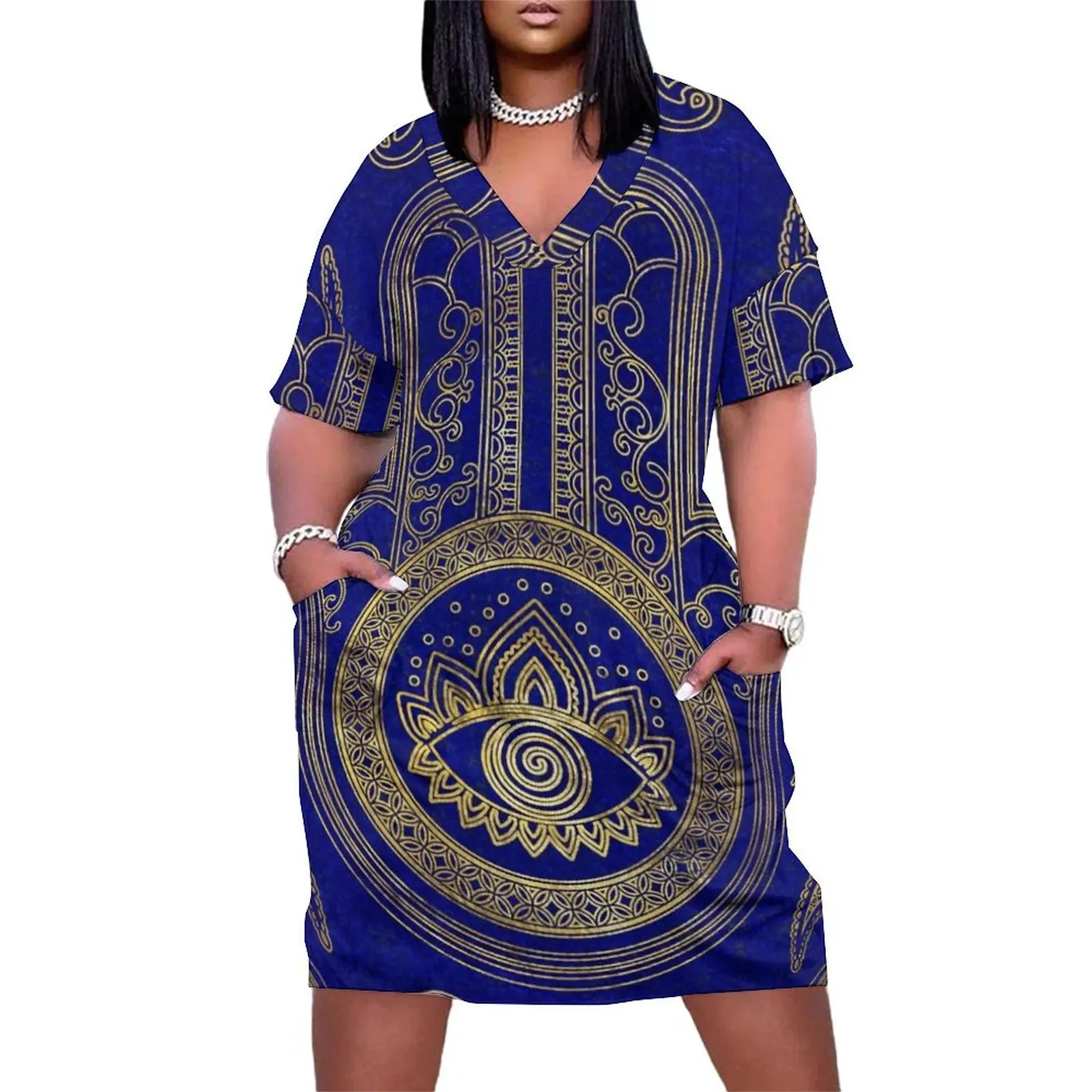 

Hamsa Hand - gold on lapis lazuli Loose Pocket Dress Dance dresses dress women elegant luxury