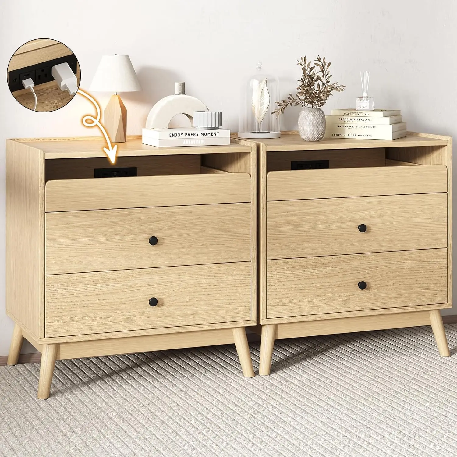 24" Wide Nightstand Set Of 2, Hidden Charging Station, 2 Drawers Night Stand With Pull-Out Shelf, Modern Beside End, Customized