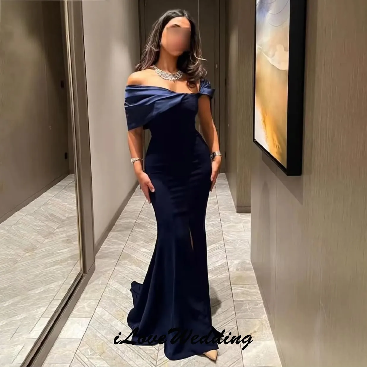

Prom Dresses 2025 Navy Blue Party Dress Off The Shoulder Satin Mermaid Evening Dresses Sweep Train Elegant Zipper Customized