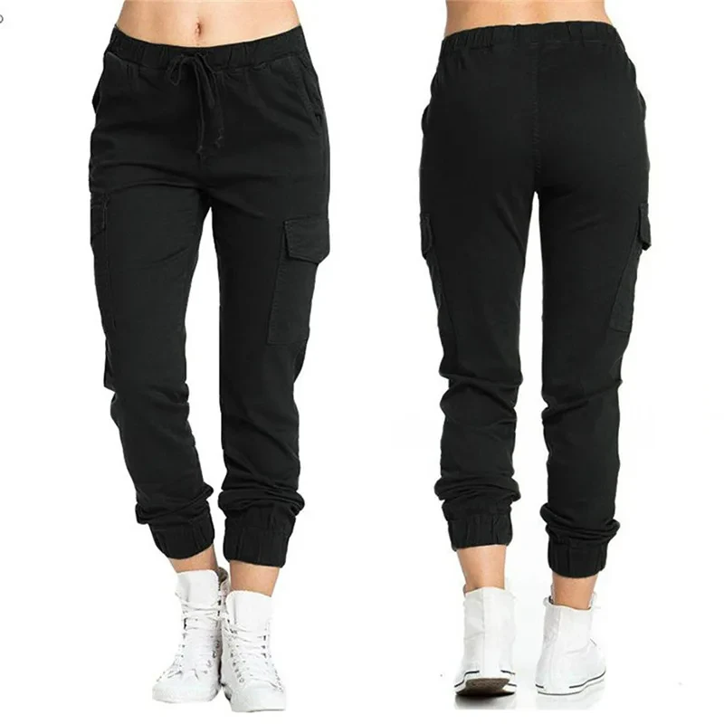 New Solid Jogger Women's Cargo Pants Multi-Pocket Drawstring Elastic Waist Women Sports Pants Streetwear Casual Long Pant