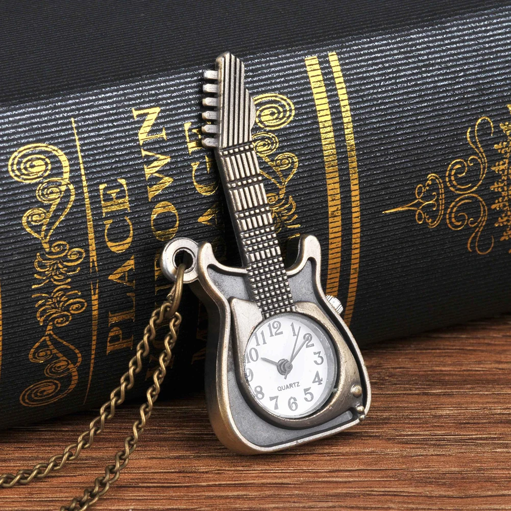 Small Lovely Guitar Pocket Watches Stylish Necklace Pendant Clock Chain Gift For Children's Day