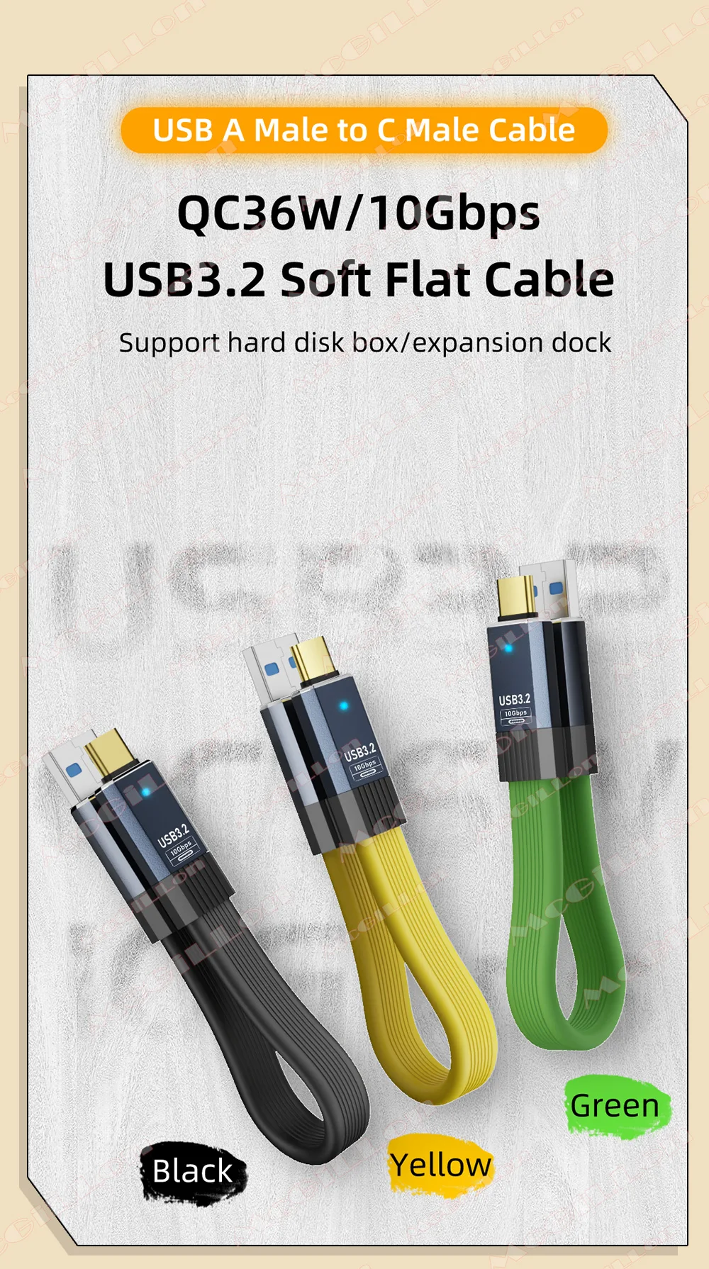 USB3.2 10Gbps USB A Ke Kabel Tipe C 3A 36W QC3.0 Pengisian Cepat untuk Samsung NVMe Hard Disk Eksternal Android Data Kabel Datar Lembut