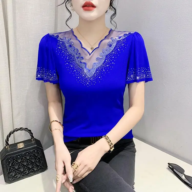 Summer European Clothes Ruffled Tshirt Women's Sexy V Necks Hollow Out Hot Drill Slim Tops Short Sleeve Tees