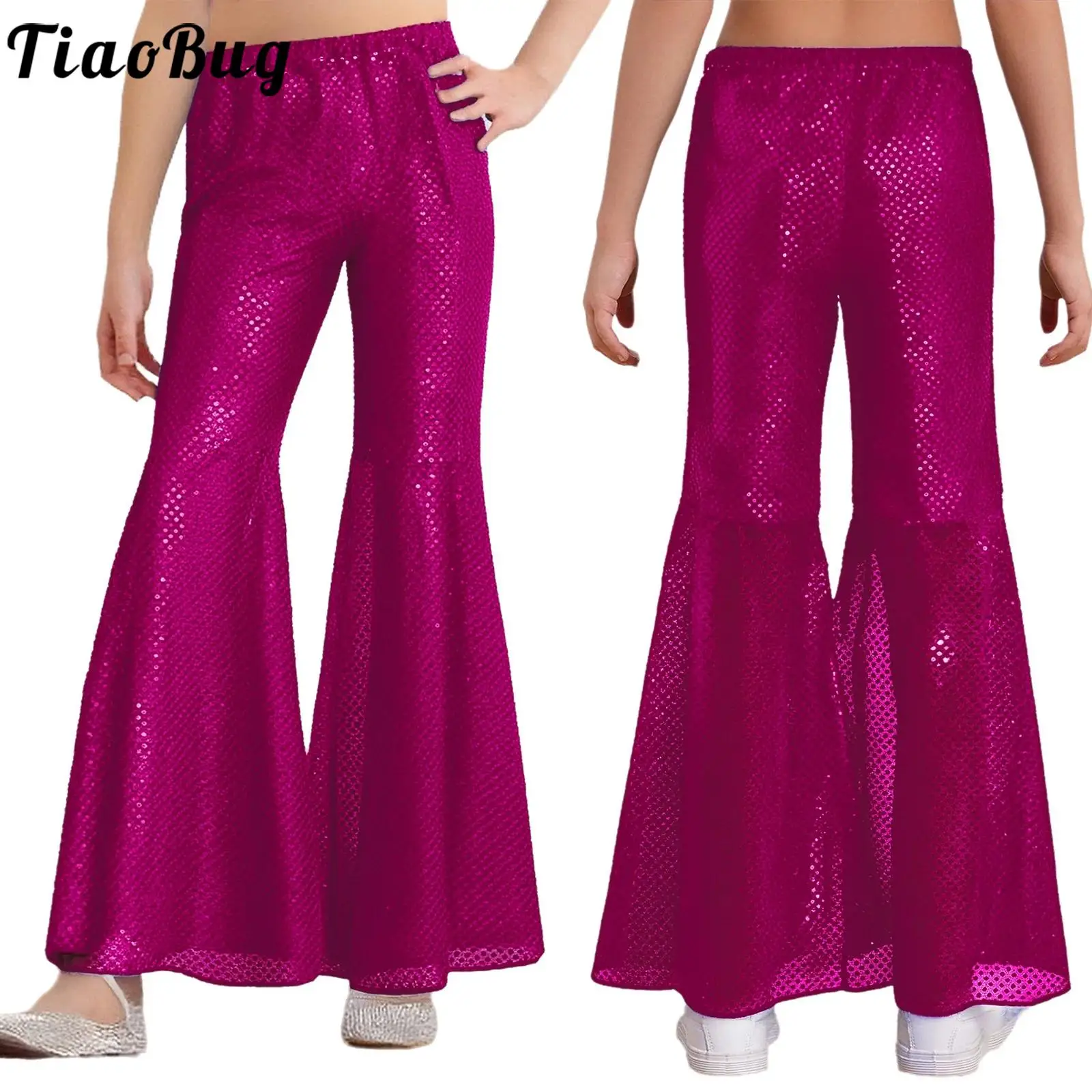 

Kids Girls Hip-Hop Jazz Dance Costume Lyrical LatinDancewear Sparkly Sequins Flared Pants Elastic Waistband Bell-Bottom Trousers