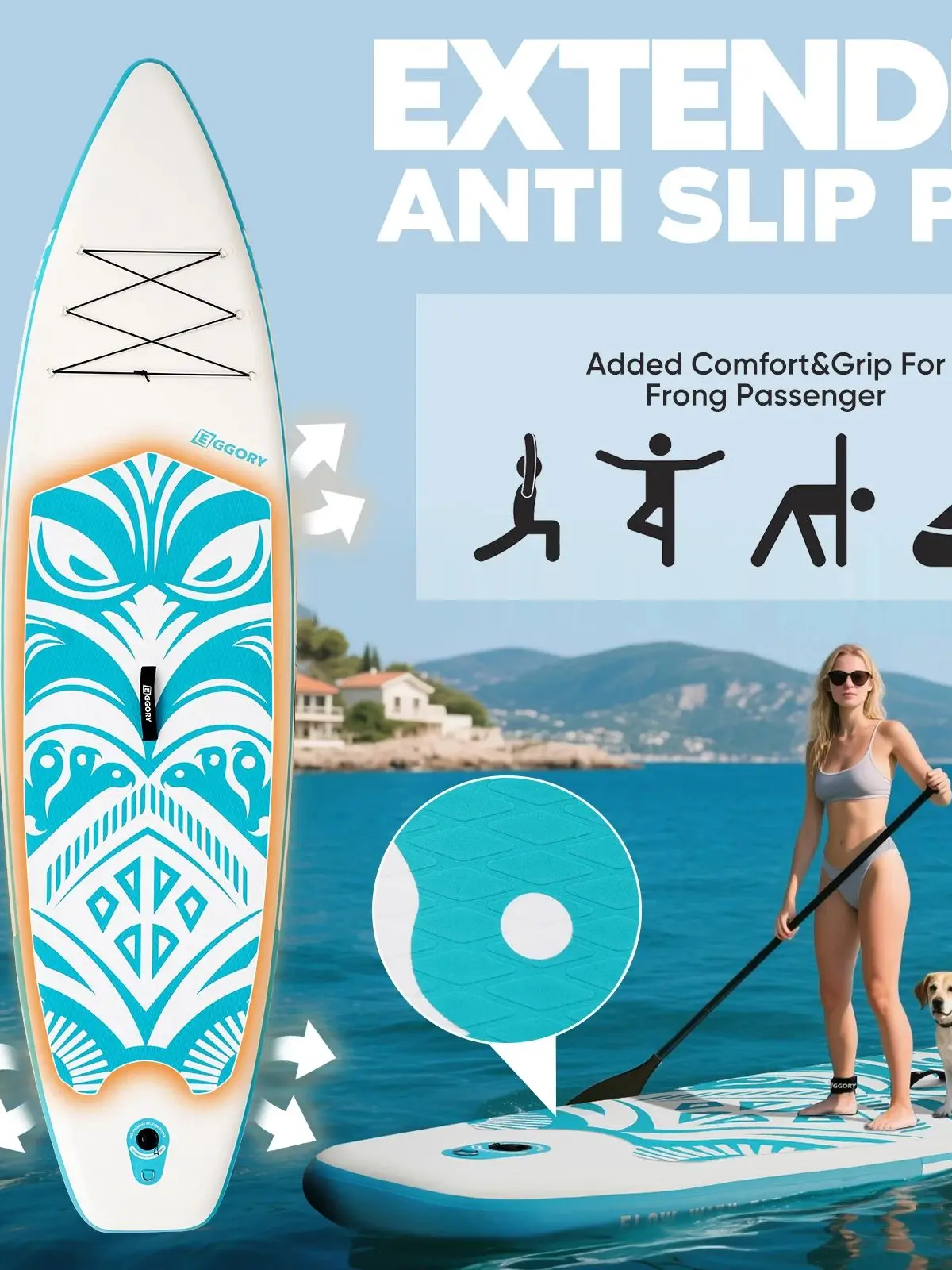 Eggory 5021761 SUP Board Blue Totem Aufblasbares Stand-Up-Paddleboard 11 Fuß 320 * 84 * 15 cm Maximale Tragfähigkeit 180 kg Erwachsenenversion Geeignet für Anfänger