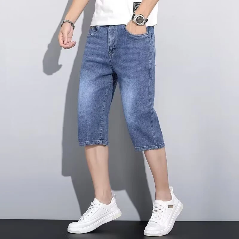2026 Men Stretch Loose Straight Leg Denim Capri Pants Summer Lightweight Casual Jeans Male Skin-Friendly Breathable Pants
