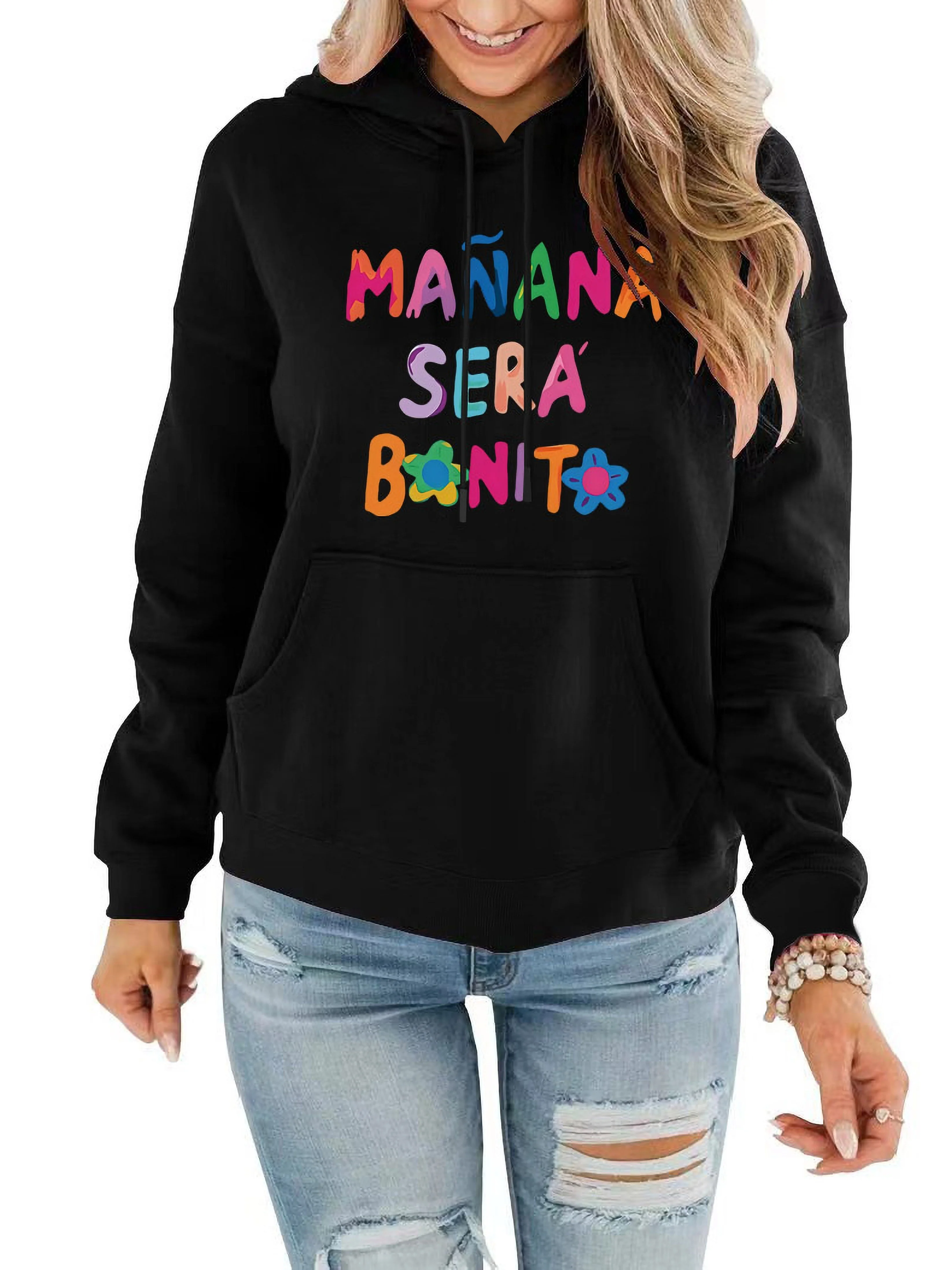 

Colorful Letter Print Kangaroo Pocket Hoodie Casual Long Sleeve Drawstring Hoodie Sweatshirt Women's Clothing