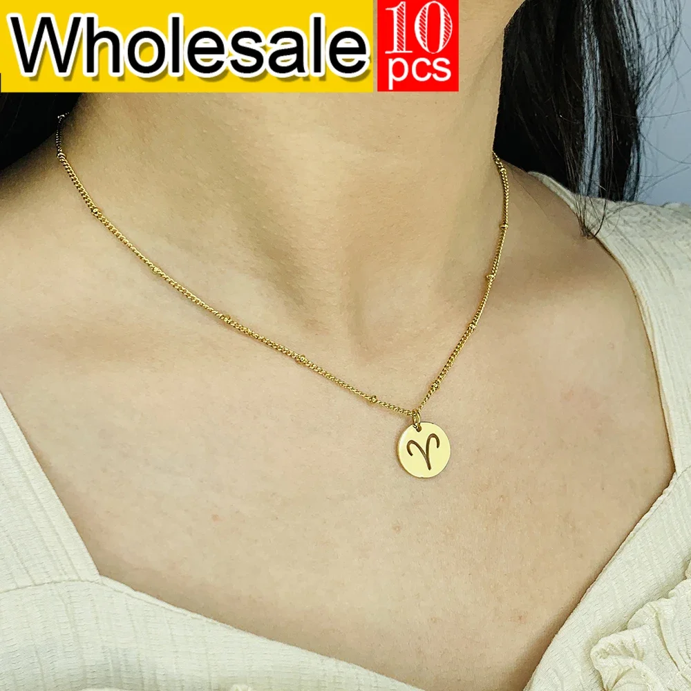 10PCS Stainless Steel Golden Bead Chain with Personalized Minimalist Style Necklace, 12 Zodiac Women's Jewelry Wholesale