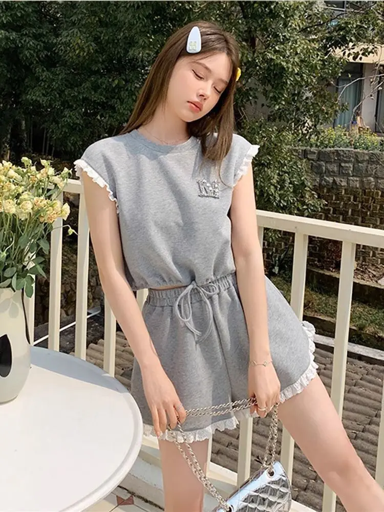 

2024 Summer New Women Two Piece Casual Sets Lace Splicing O Neck Short Tops T-shirt + High Waist Wide Leg Shorts Female Outfits