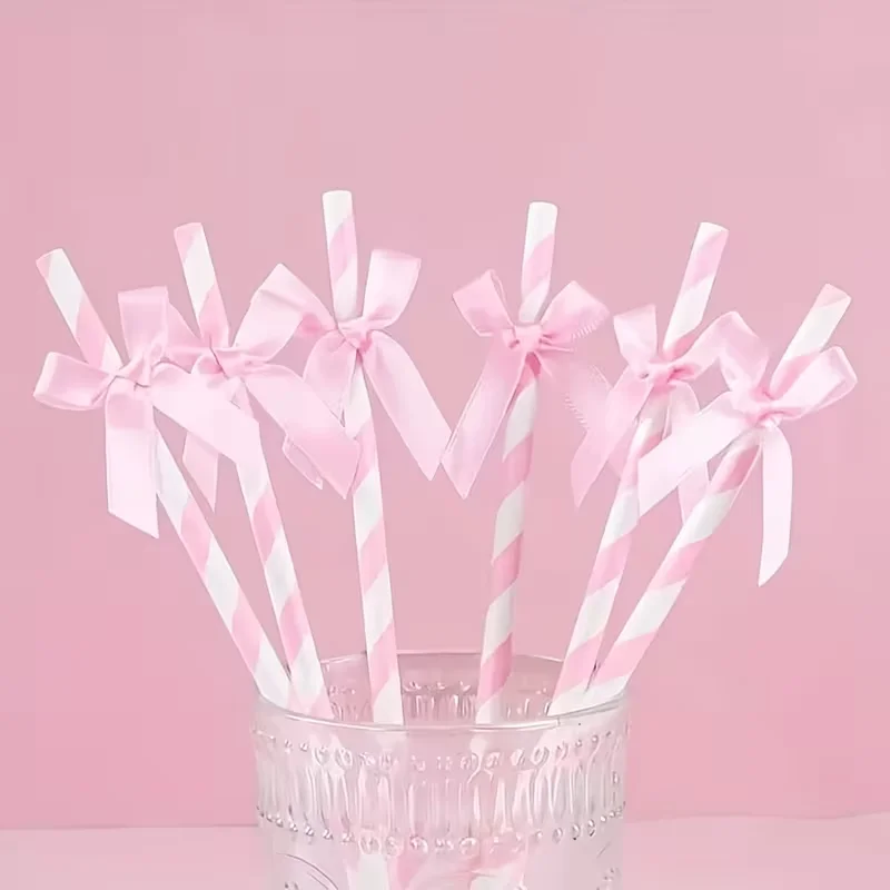 30Pcs Pink White Striped Paper Straws with Bows, Disposable Decorative Straws for Birthday & Wedding Parties