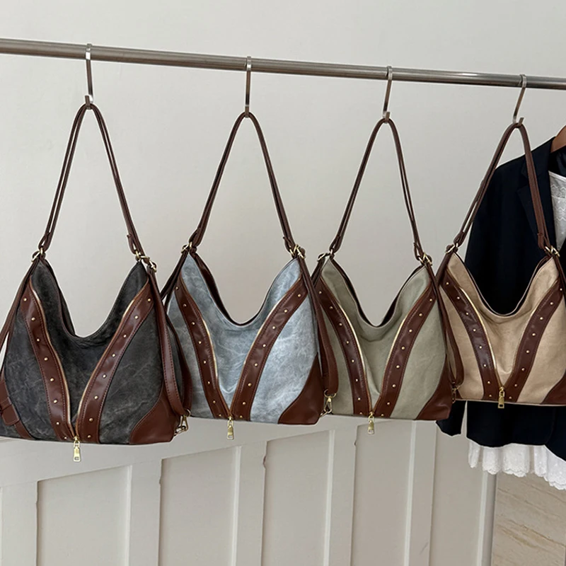 Vintage-Rucksack, Damen-Tragetasche, Retro-Spleiß-Hobo-Umhängetasche, lässige Alltags-Einkaufstasche mit Nieten-Dekor – Detail 2