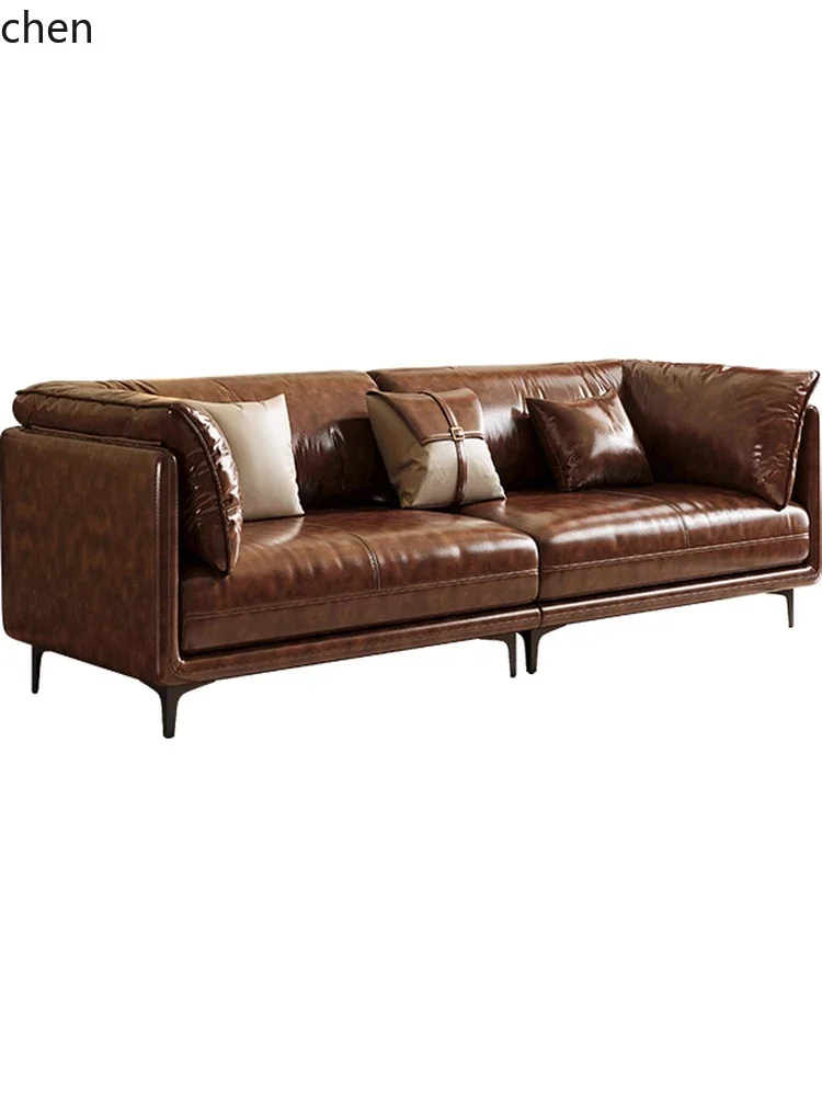 TQH-c13  Oil Wax Leather Sofa Living Room Straight Small Apartment Armchair Sofa for Three People