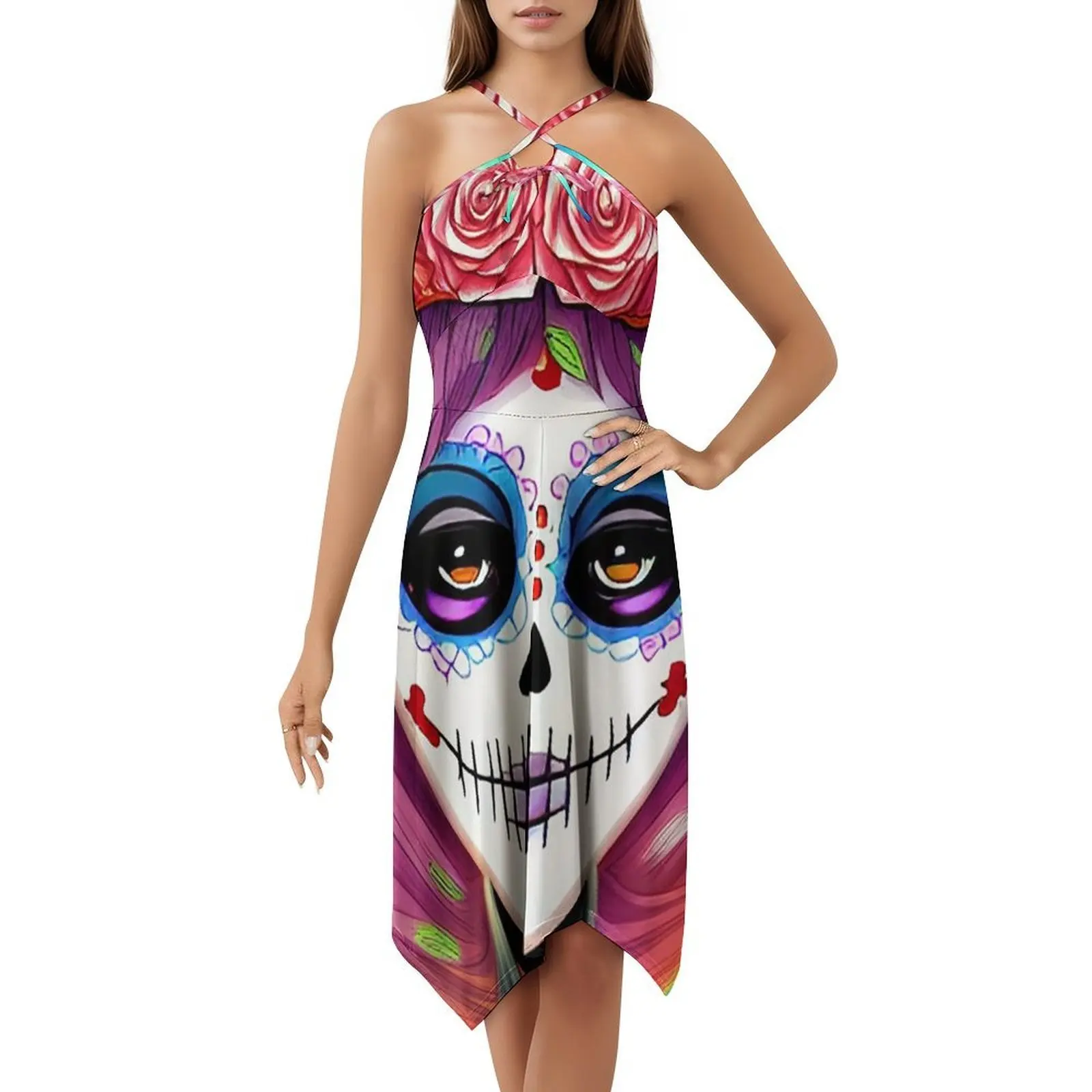 فستان بوهيمي بدون أكمام من Day Of The Dead-Rose Crown متعدد الطباعة لحفلات عطلة الشاطئ فستان السيد يوم الموتى غريب فريد ضياء #5