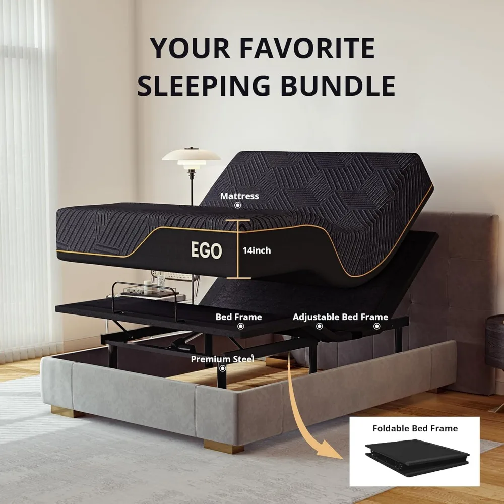 Split King Adjustable Bed Frame and 14 inch Copper Gel Memory Foam Mattress Set, Metal Foldable Bed Base