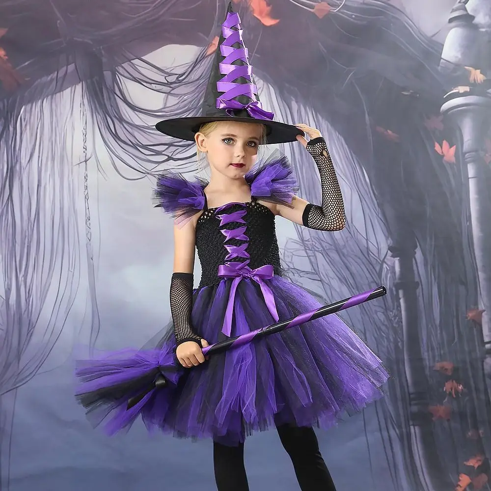 2024 Disguise Witch Costume for Girls Halloween Tutu Knee Dress with Hat Broom Pantyhose Kids Carnival Cosplay Party Outfit Set