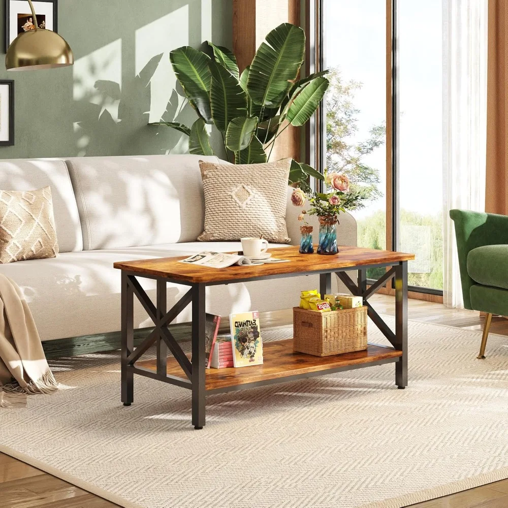

Coffee Table for Living Room, 39 Modern 2-Tier Center Table with Round Corners, Storage Shelf,Farmhouse Style Small Coffe Table